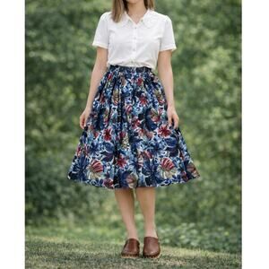 Vintage Blue Floral Granny Chic Midi Skirt All Over Print Womens 14 Cottagecore